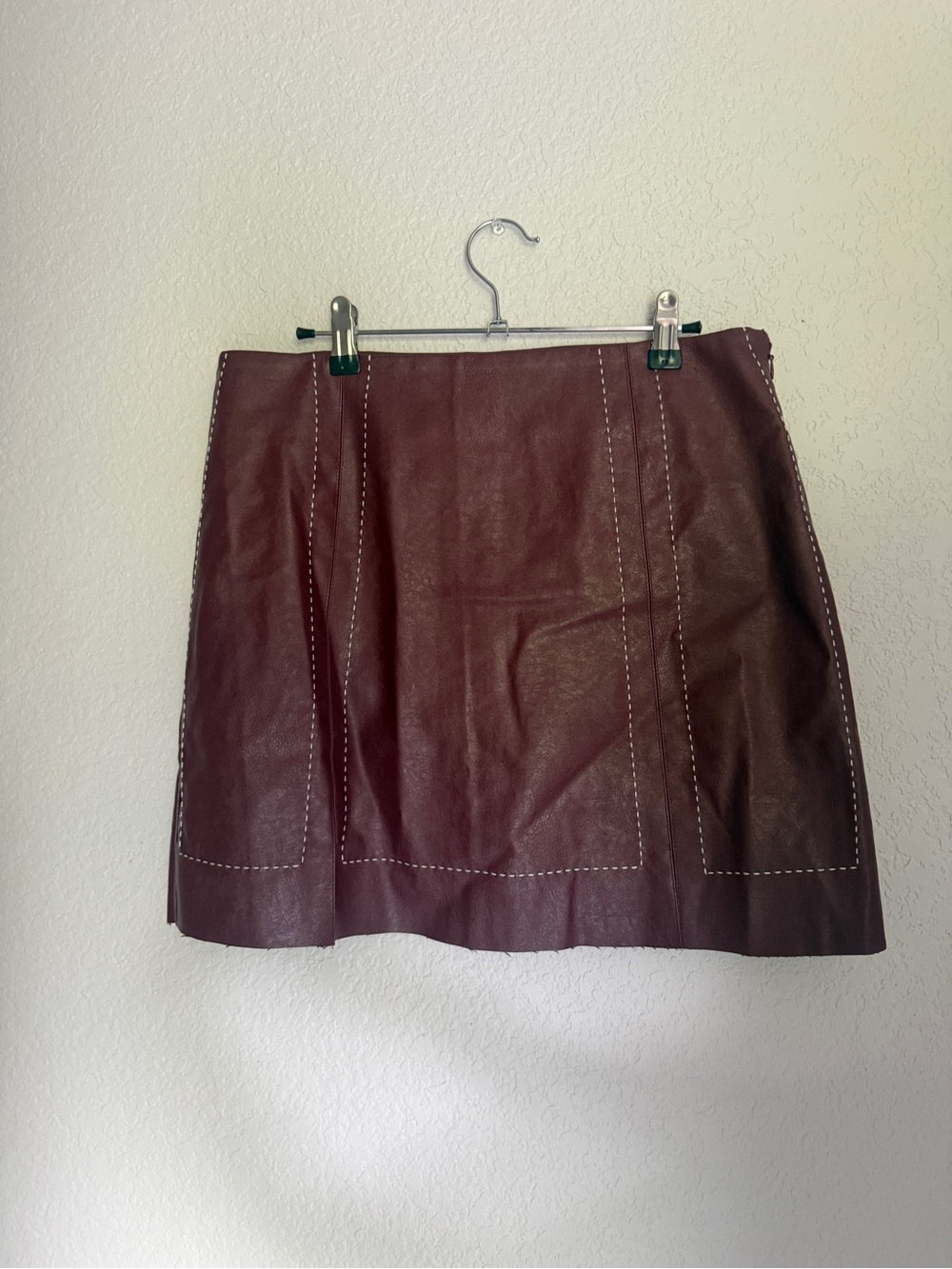 miami Faux Leather Mini Skirt in Burgundy with Contrast Stitching